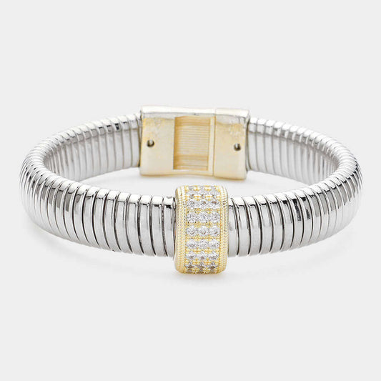 CZ Stone Paved Pointed Two Tone Coil Bangle Bracelet