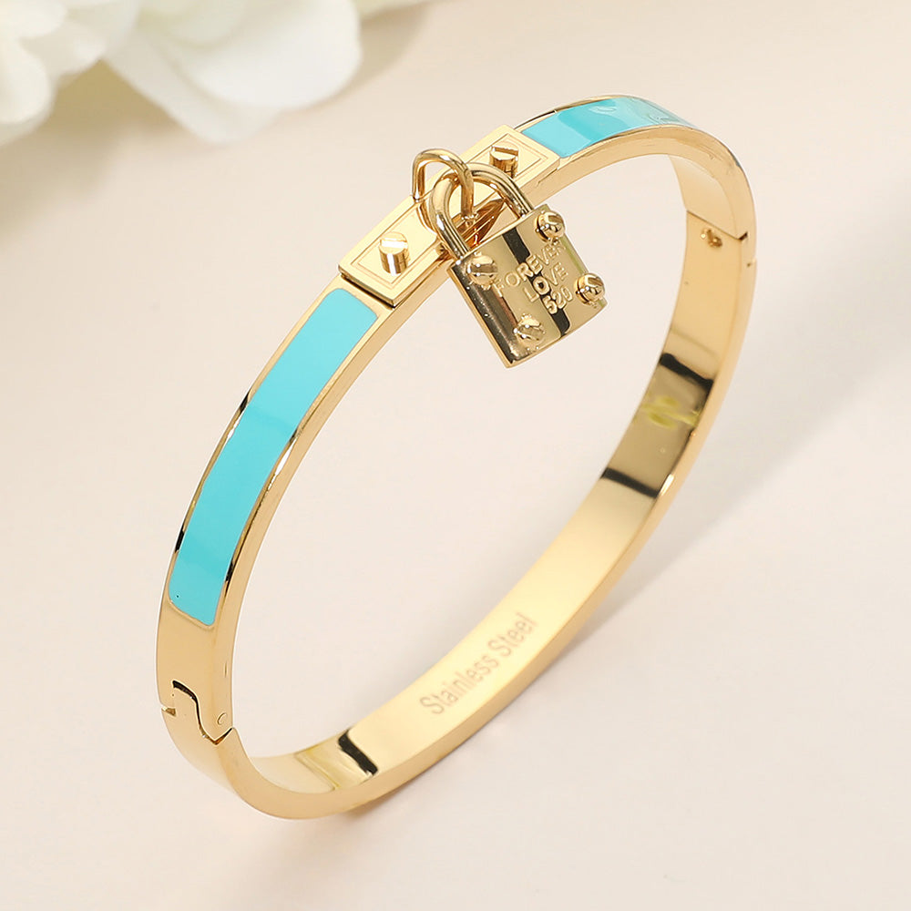 Turquoise Stainless Steel Lock Charm Enamel Inlay Hinged Bangle Bracelet M H W ACCESSORIES LLC