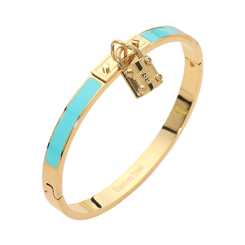 Turquoise Stainless Steel Lock Charm Enamel Inlay Hinged Bangle Bracelet M H W ACCESSORIES LLC