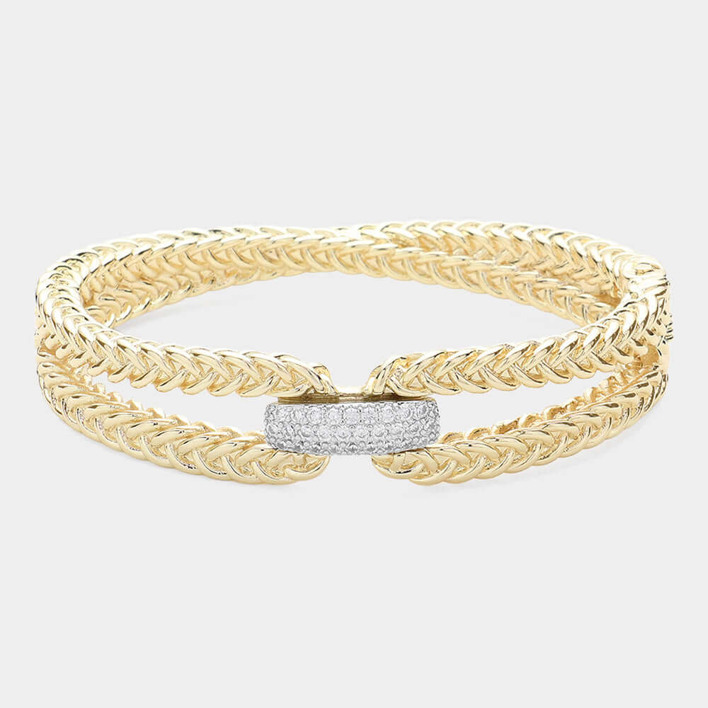 Gold CZ  Paved Bar Pointed Braided Metal Hinged Bangle Bracelet