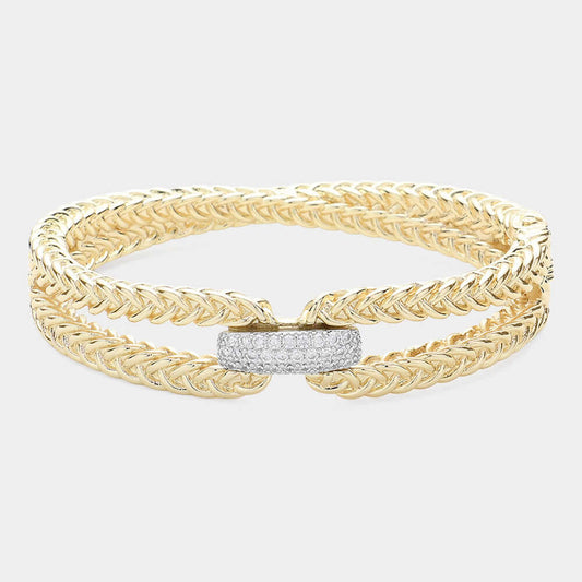 Gold CZ  Paved Bar Pointed Braided Metal Hinged Bangle Bracelet