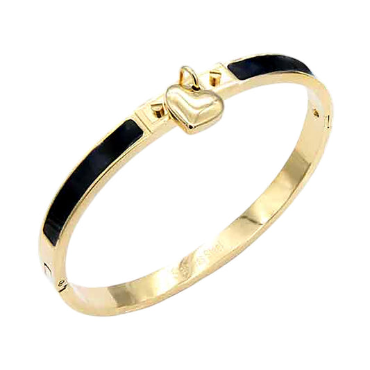 Stainless Steel Heart Charm Black Enamel Inlay Hinged Bangle Bracelet