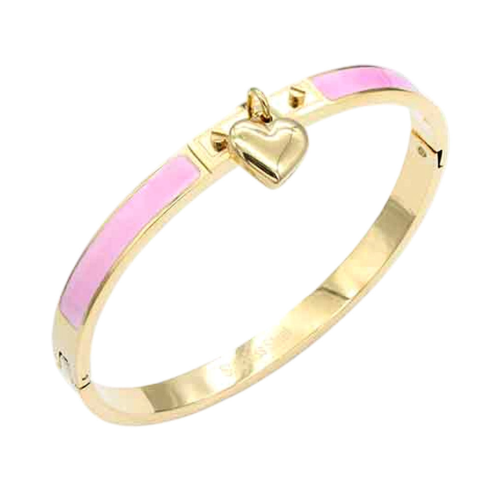 Stainless Steel Heart Charm Pink Enamel Inlay Hinged Bangle Bracelet