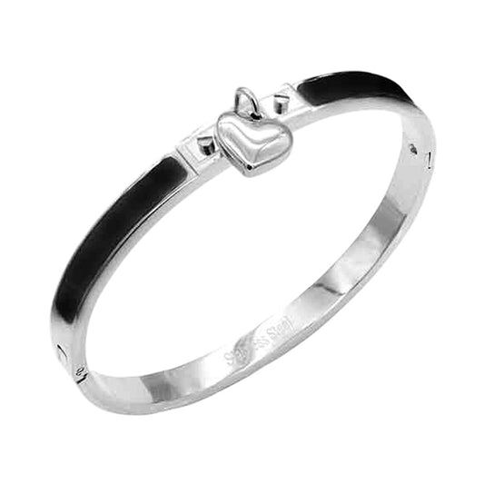 Stainless Steel Heart Charm Black & Silver Enamel Inlay Hinged Bangle Bracelet