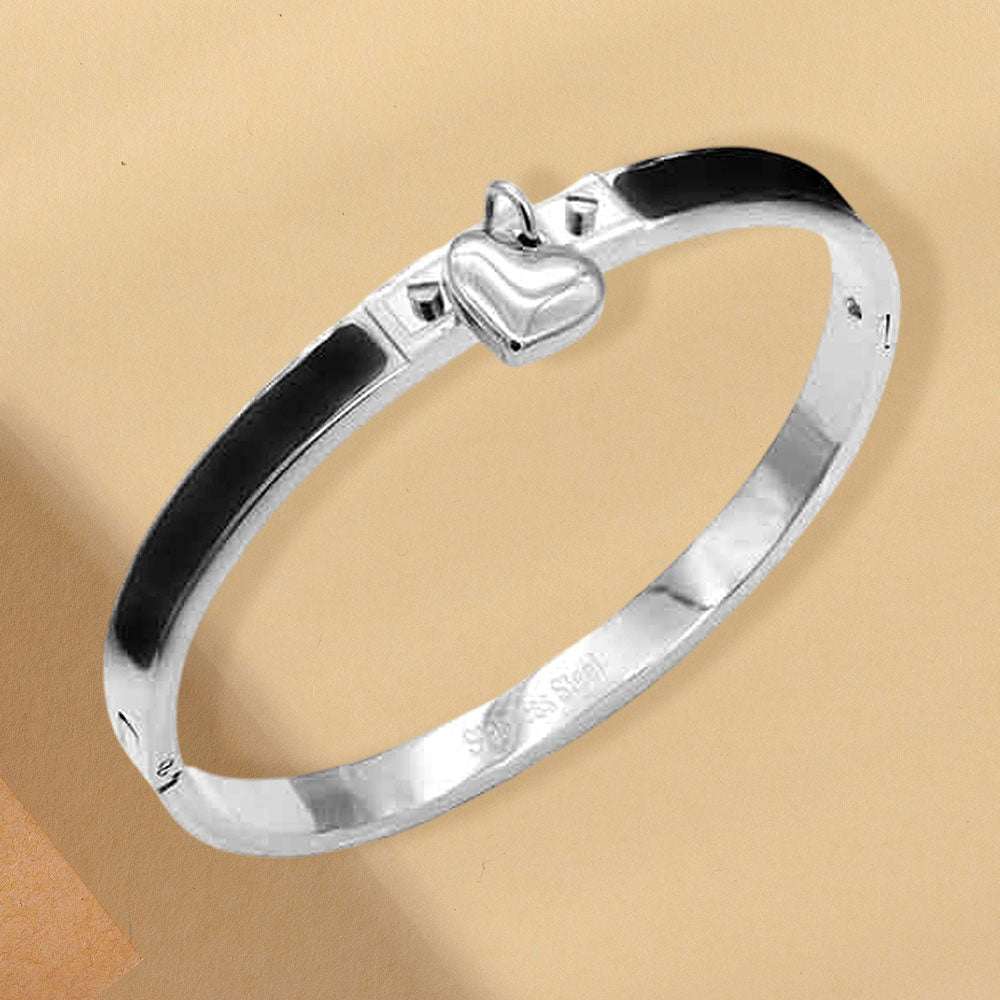 Stainless Steel Heart Charm Black & Silver Enamel Inlay Hinged Bangle Bracelet M H W ACCESSORIES LLC Stainless Steel Heart Charm Black & Silver Enamel Inlay Hinged Bangle Bracelet