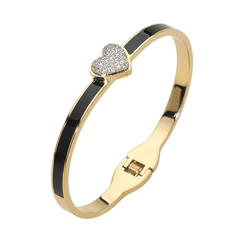 Stainless Steel CZ Black Paved Heart Accent Hinged Bangle Bracelet