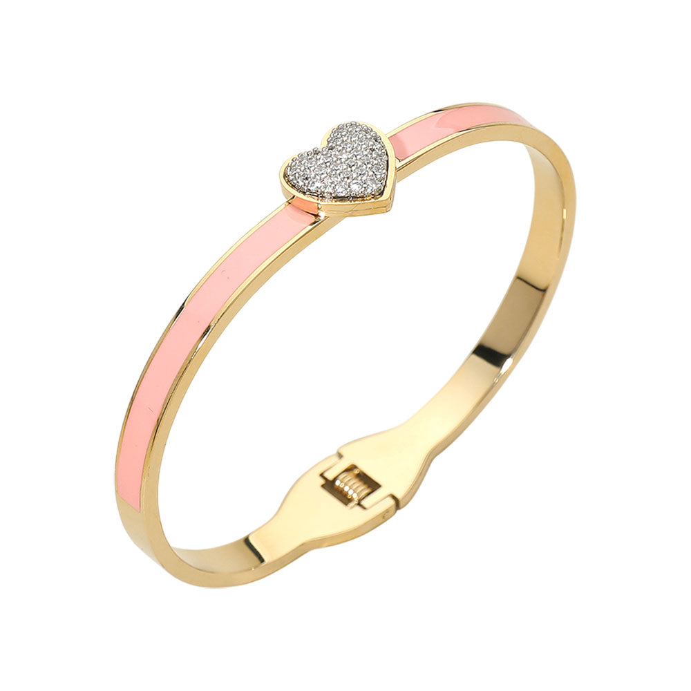 Stainless Steel CZ Pink Paved Heart Accent Hinged Bangle Bracelet