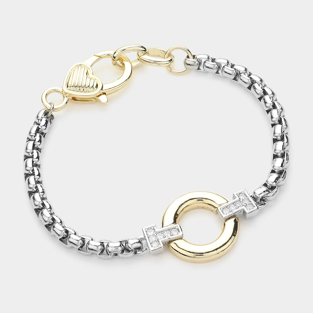 14K Gold Plated Two Tone CZ Stone Paved Pointed Circle Bracelet M H W ACCESSORIES LLC 14K Gold Plated Two Tone CZ Stone Paved Pointed Circle Bracelet