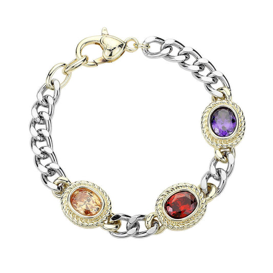 14K Gold Plated Two Tone Colored Oval CZ Stone Cluster Link Accented Chain Bracelet