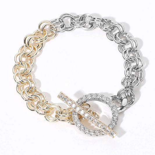 14K Gold Plated CZ Stone Paved Two Tone Chain Toggle Bracelet