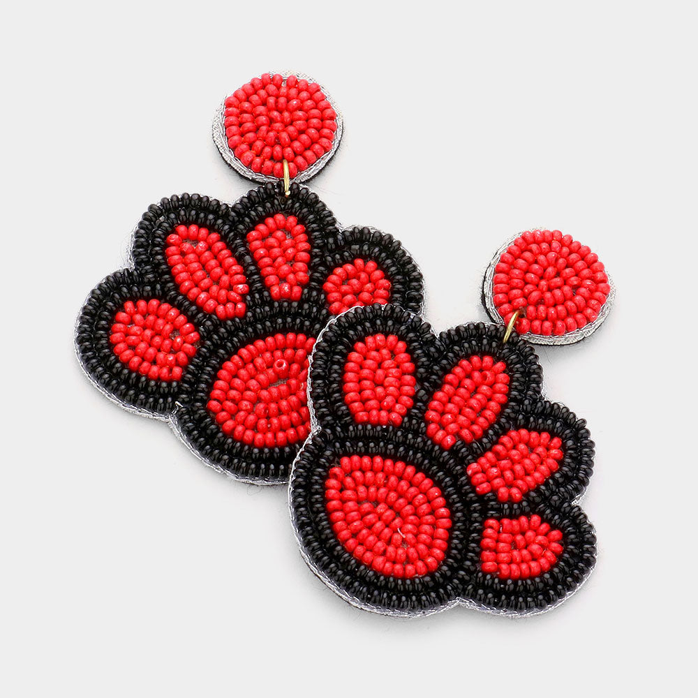 Black & Red Game Day Felt Back Seed Beaded Paw Dangle Earrings M H W ACCESSORIES LLC Black & Red Game Day Felt Back Seed Beaded Paw Dangle Earrings