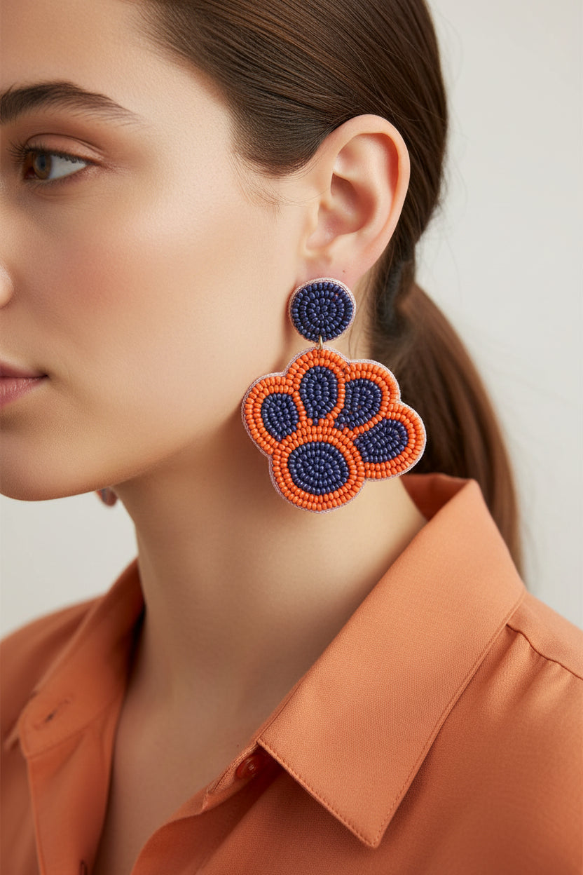 Blue & Orange Felt Back Seed Beaded Paw Dangle Earrings M H W ACCESSORIES LLC Blue & Orange Felt Back Seed Beaded Paw Dangle Earrings