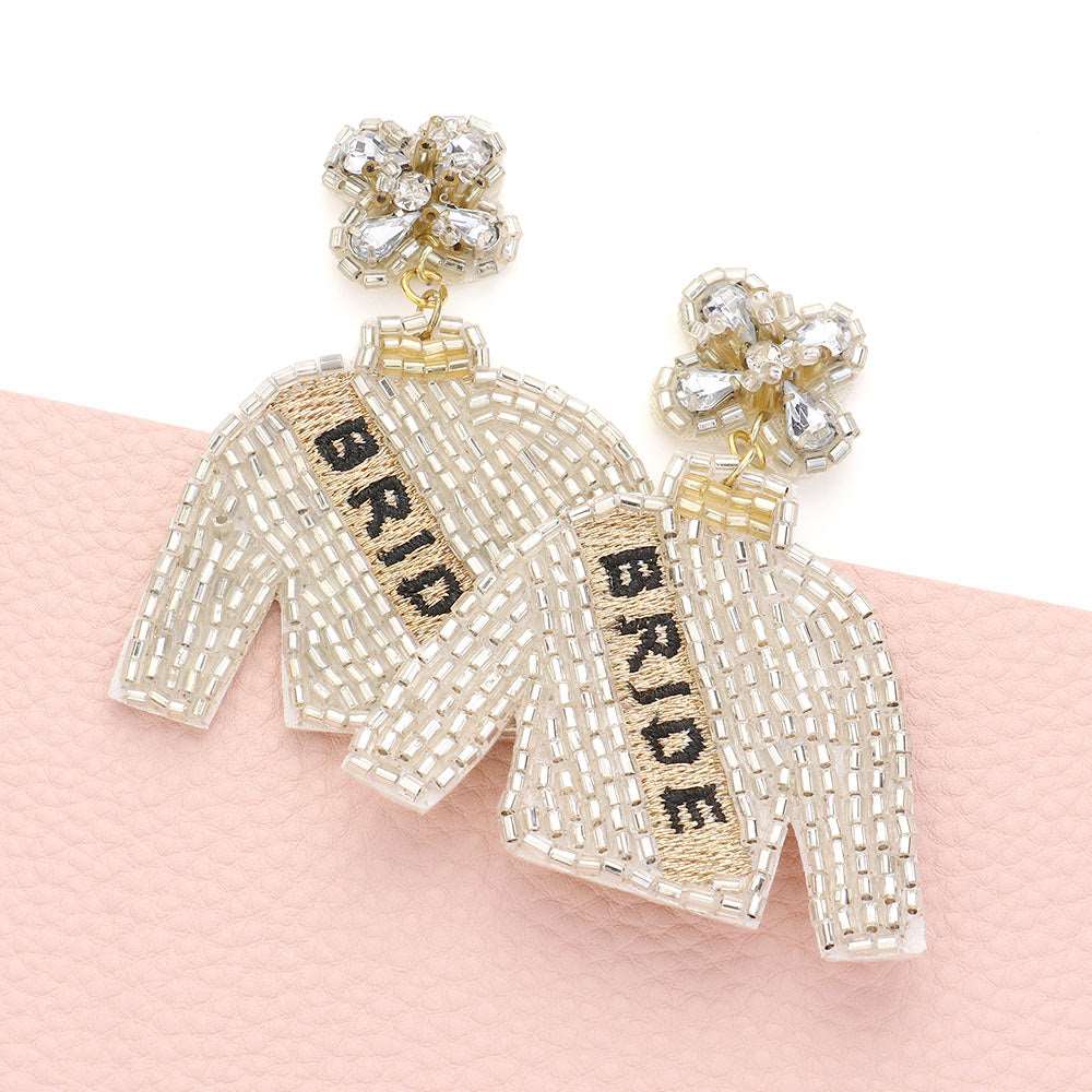 Silver BRIDE Felt Back Beaded Suit Dangle Earrings-M H W ACCESSORIES - M H W ACCESSORIES LLC