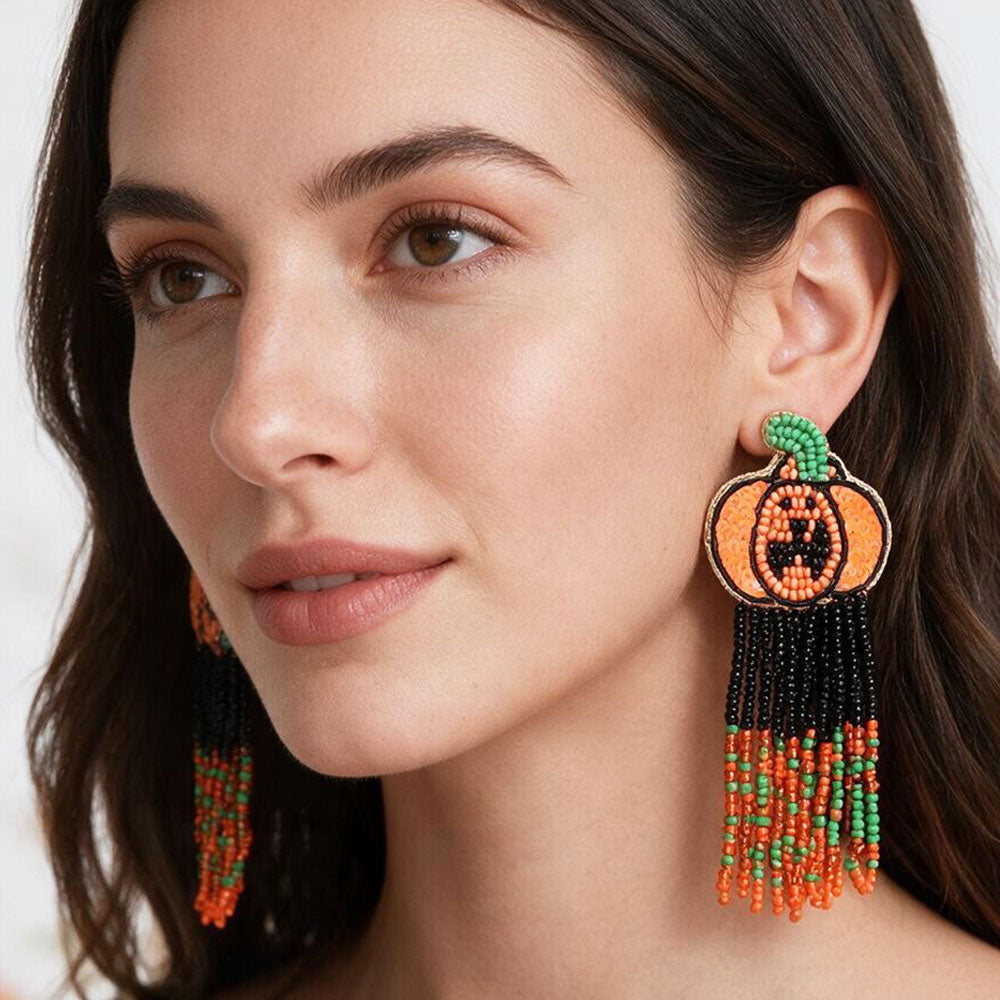 Felt Back Sequin Pumpkin Seed Beaded Fringe Dangle Earrings M H W ACCESSORIES LLC Felt Back Sequin Pumpkin Seed Beaded Fringe Dangle Earrings