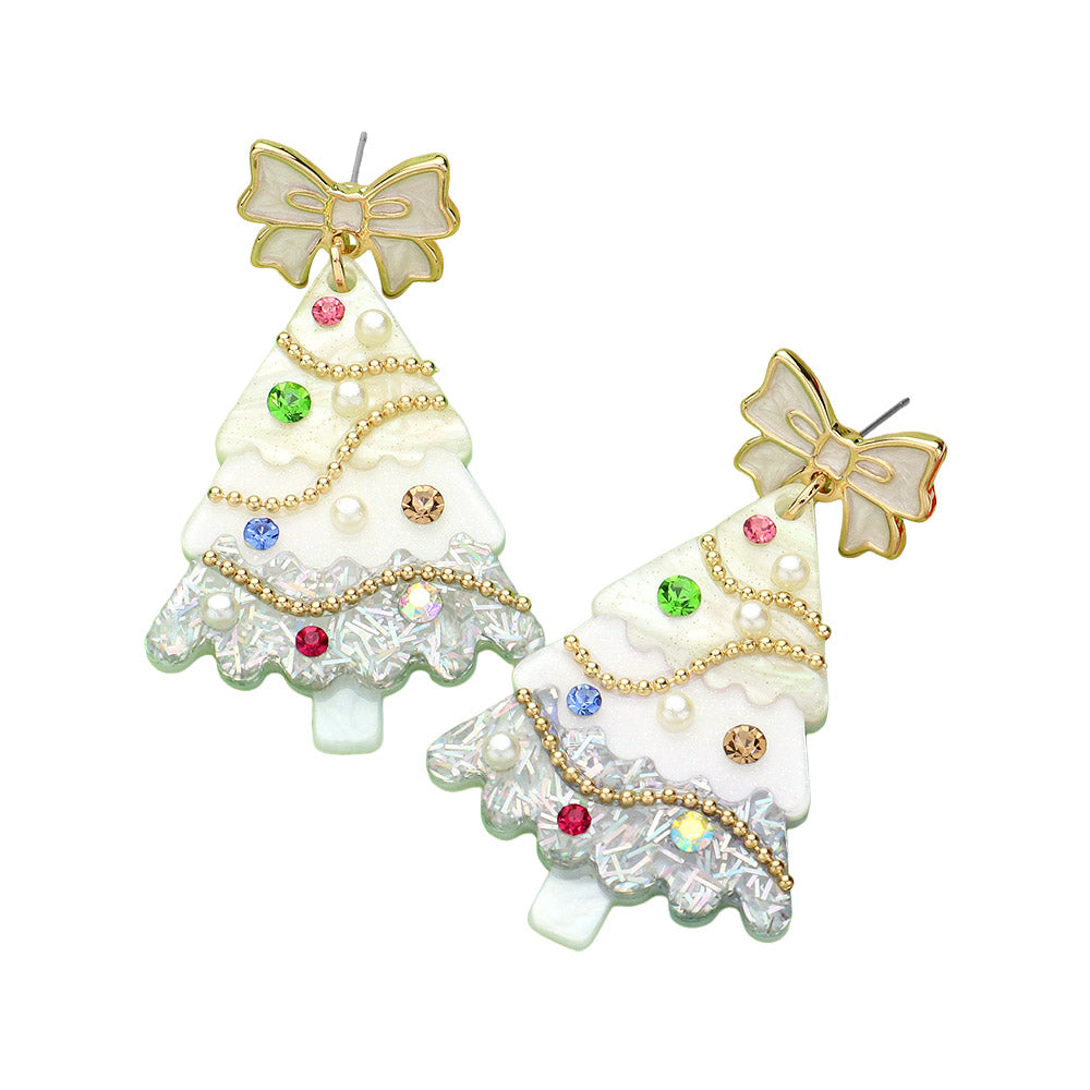 White Stone Pearl Embellished Resin Christmas Tree Dangle Earrings