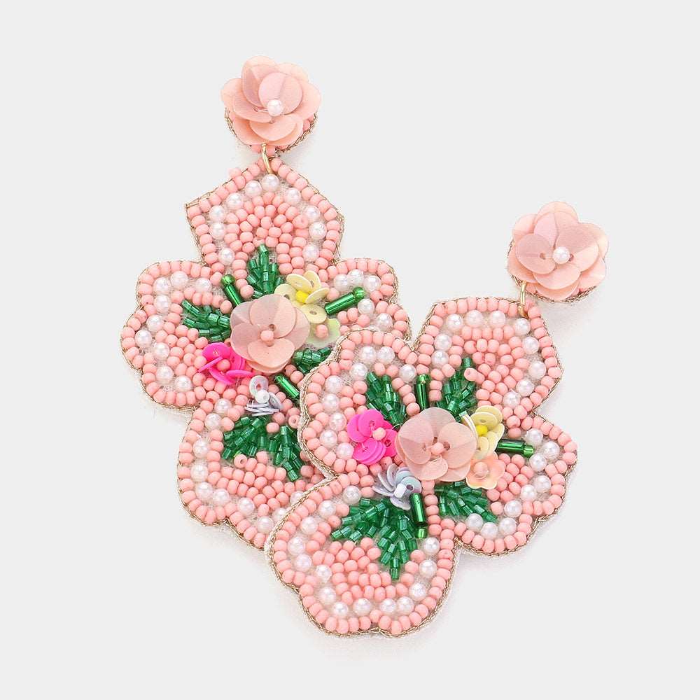 Pink Seed Beaded Flower Cross Dangle Earrings-M H W ACCESSORIES - M H W ACCESSORIES LLC