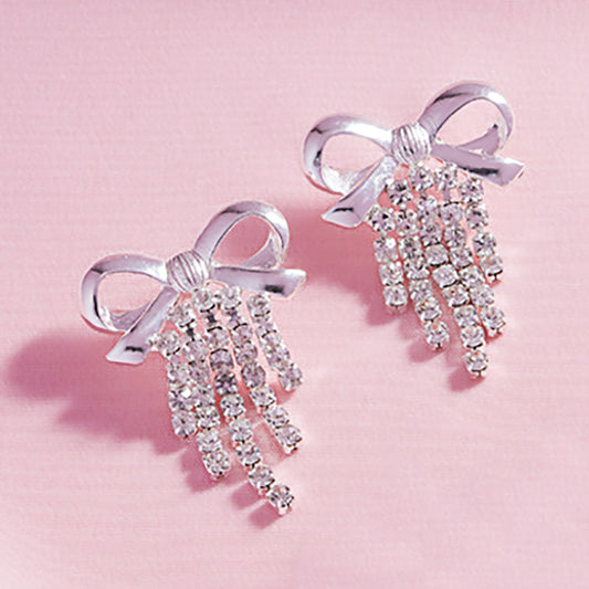 Silver Metal Bow Rhinestone Fringe Earrings for Women - M H W ACCESSORIES LLC