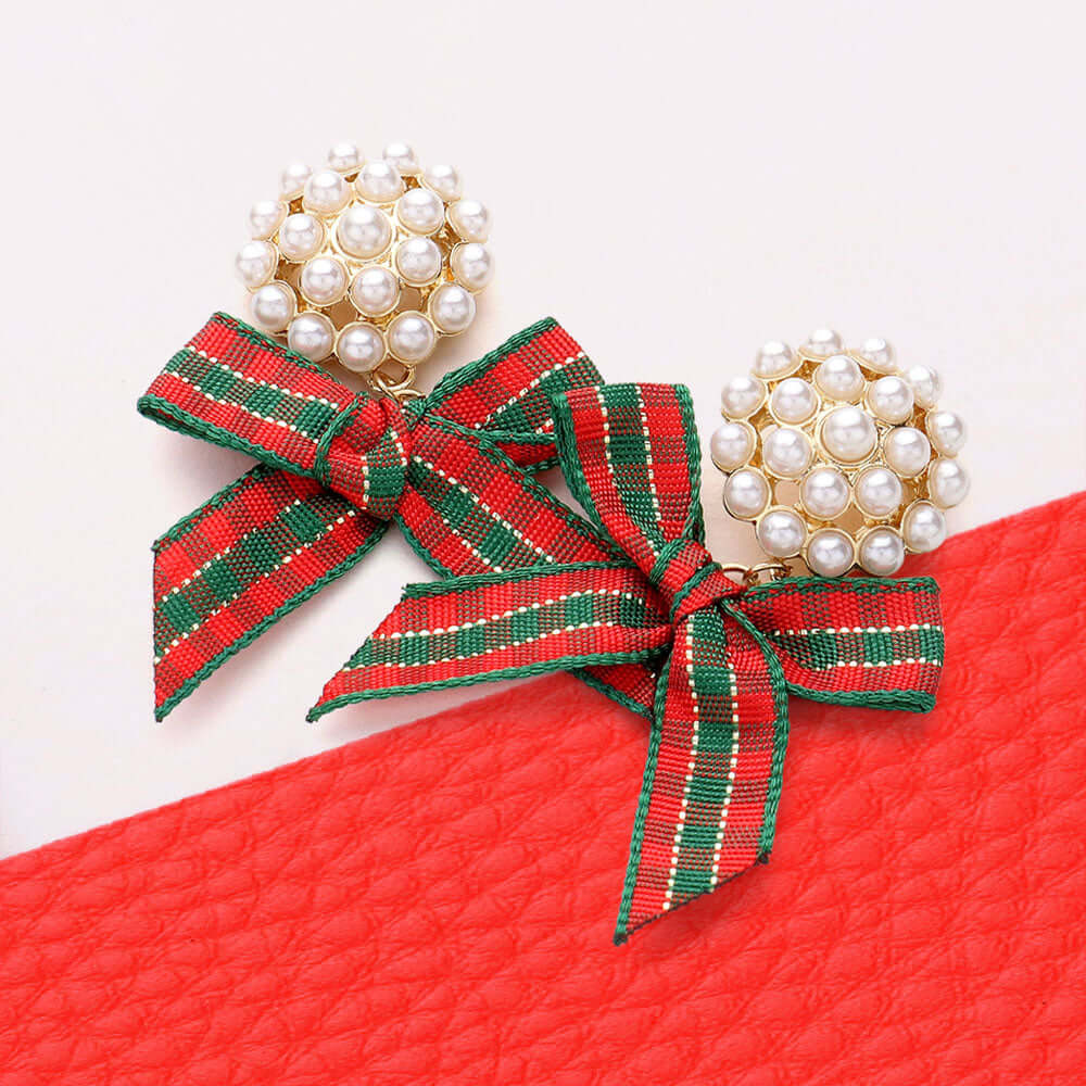 Green and Red Pearl Christmas Bow Dangle Earrings - M H W ACCESSORIES LLC