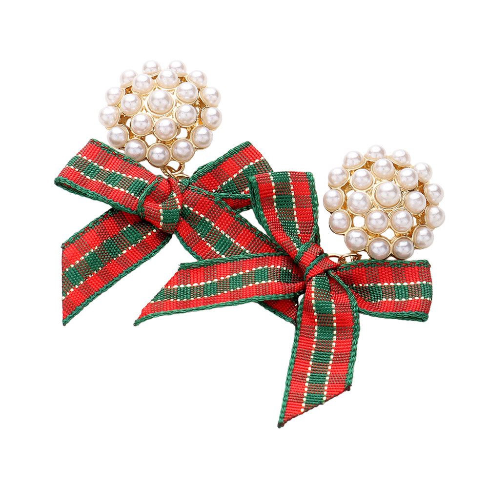 Green and Red Pearl Christmas Bow Dangle Earrings - M H W ACCESSORIES LLC