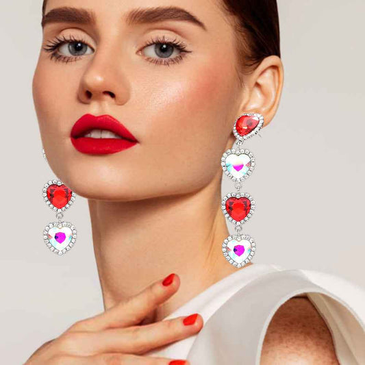 Red Rhinestone Heart Dangle Earrings-M H W ACCESSORIES