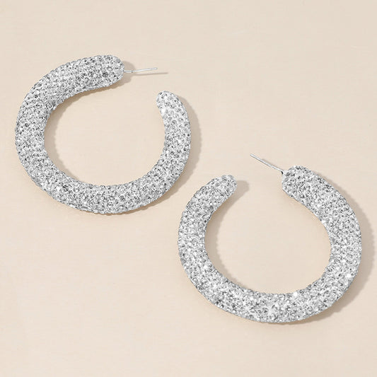 Sterling Silver Post Rhinestone Studded Hoop Earrings