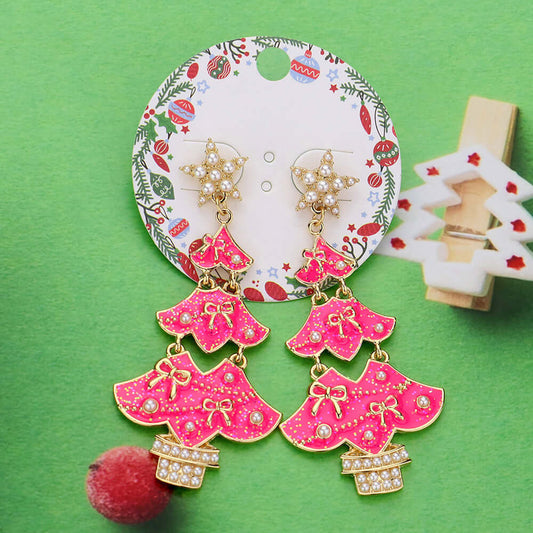 Pink & Gold Paved Enamel Christmas Tree Dangle Earrings