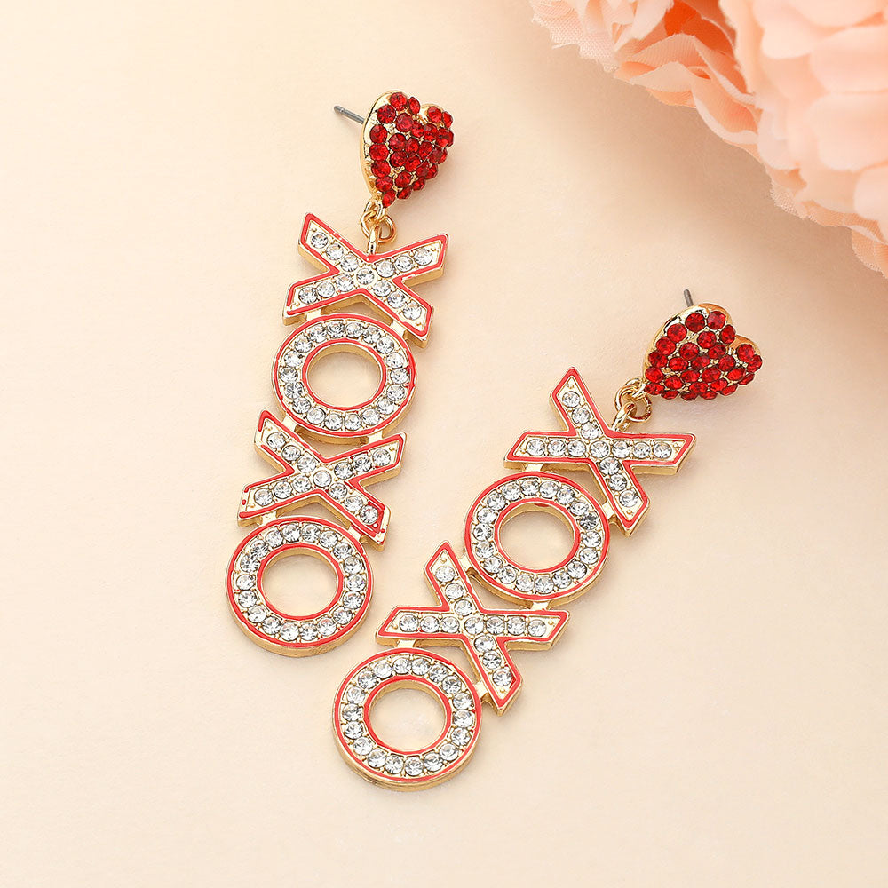 Red CZ XOXO Message Dangle Heart Pointed Earrings