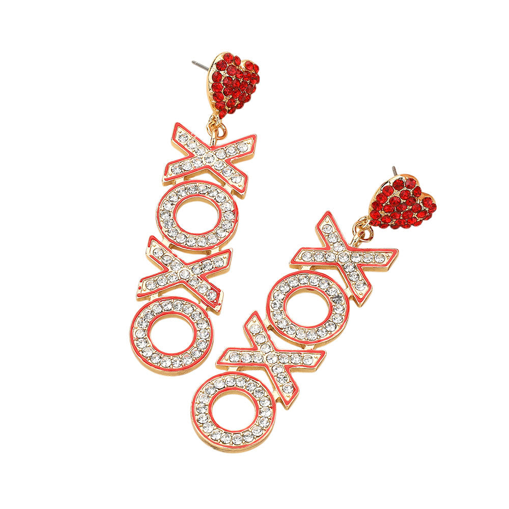 Red CZ XOXO Message Dangle Heart Pointed Earrings