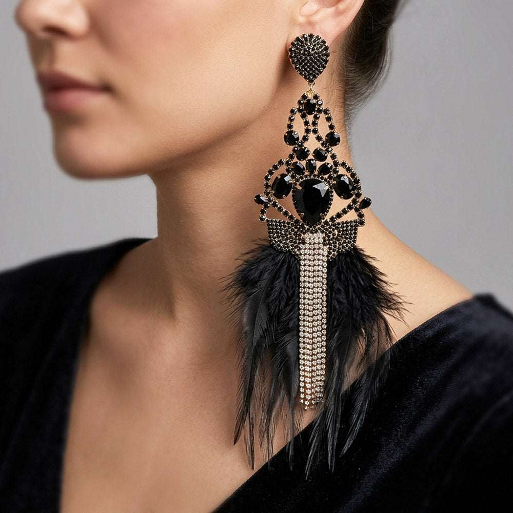 Oversized Teardrop Rhinestone Fringe Lightweight Feather Drop Statement Earrings M H W ACCESSORIES LLC Oversized Teardrop Rhinestone Fringe Lightweight Feather Drop Statement Earrings