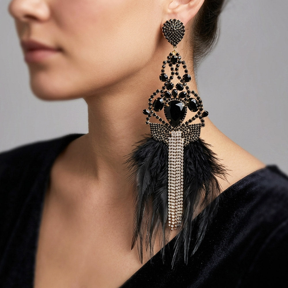 Oversized Teardrop Rhinestone Fringe Lightweight Feather Drop Statement Earrings M H W ACCESSORIES LLC Oversized Teardrop Rhinestone Fringe Lightweight Feather Drop Statement Earrings