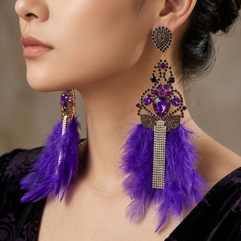 Oversized Teardrop Rhinestone Fringe Lightweight Feather Drop Statement Earrings M H W ACCESSORIES LLC Oversized Teardrop Rhinestone Fringe Lightweight Feather Drop Statement Earrings