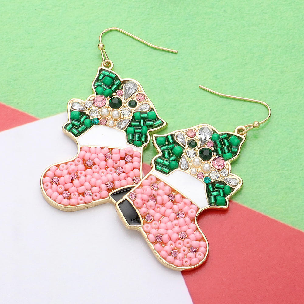 Pink and Green Pearl Bead Christmas Boots Dangle Earrings