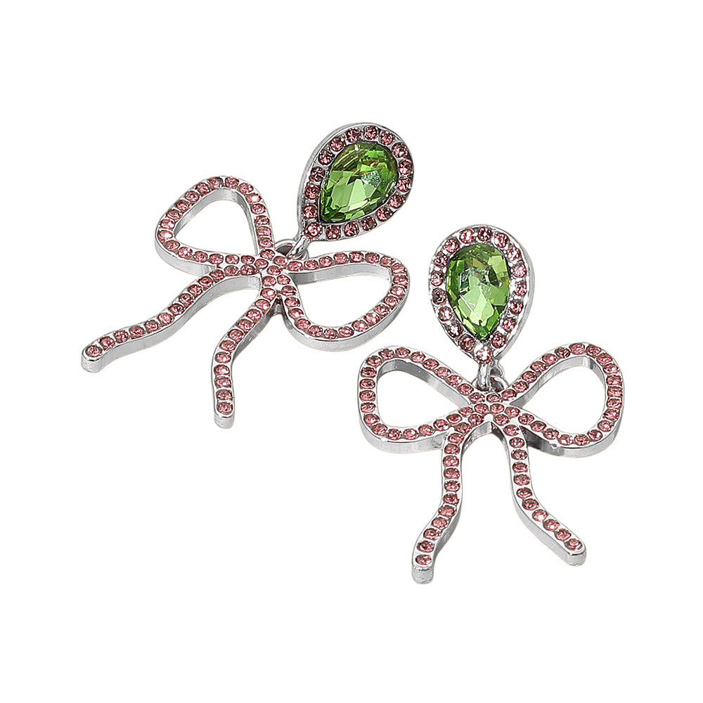 Pink & Green  Paved Bow Dangle Earrings