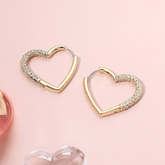 Gold CZ Paved Open Heart Huggie Hoop Earrings