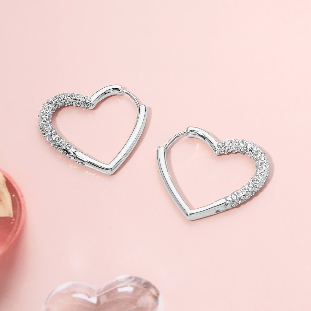 Silver CZ Paved Open Heart Huggie Hoop Earrings