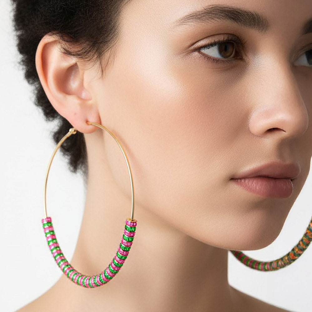Vibrant Pink and Green Crystal Ring Beaded Hoop Earrings