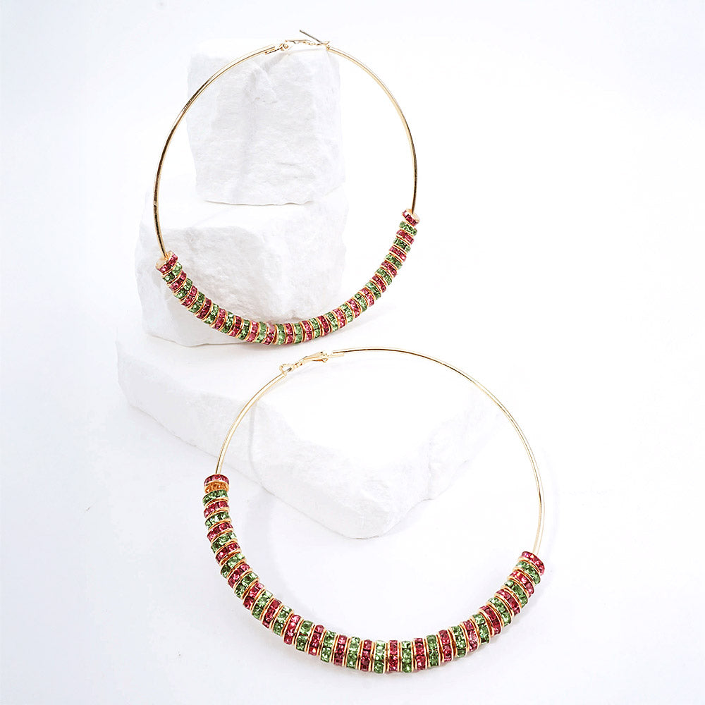 Vibrant Pink and Green Crystal Ring Beaded Hoop Earrings