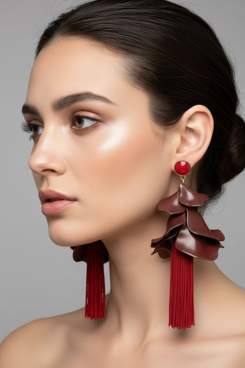 Bold Layered Red Petal Tassel Drop Statement Earrings M H W ACCESSORIES LLC Bold Layered Red Petal Tassel Drop Statement Earrings