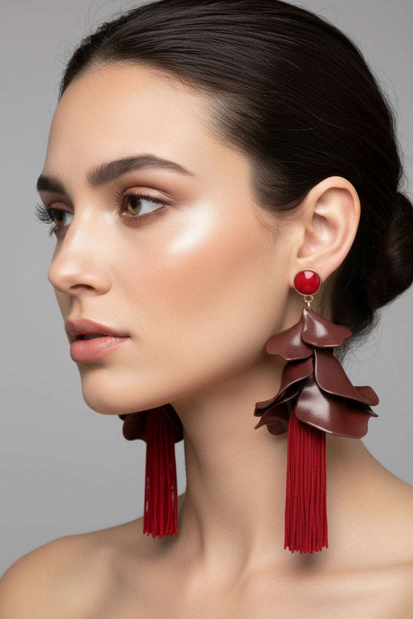 Bold Layered Red Petal Tassel Drop Statement Earrings M H W ACCESSORIES LLC Bold Layered Red Petal Tassel Drop Statement Earrings