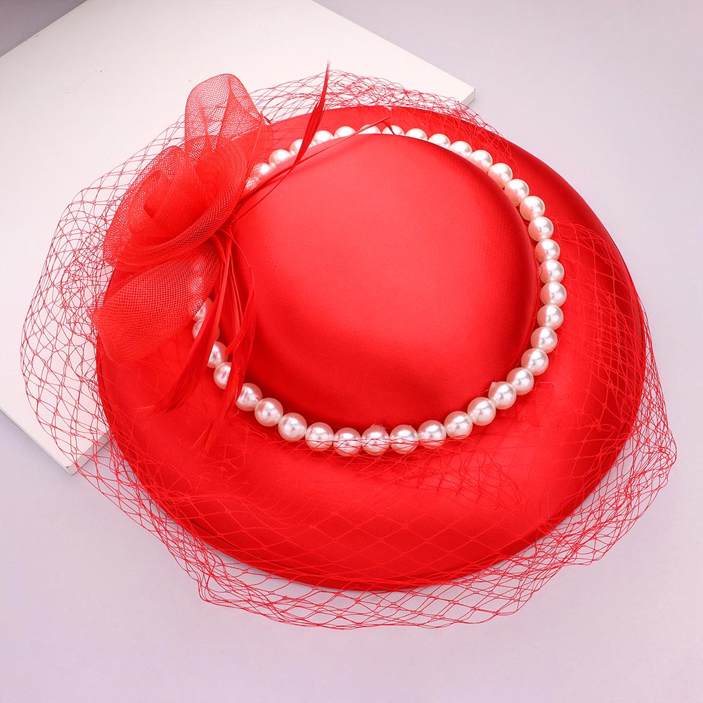 Red Mesh Flower Feather Pearl Trimmed Fascinator / Headband