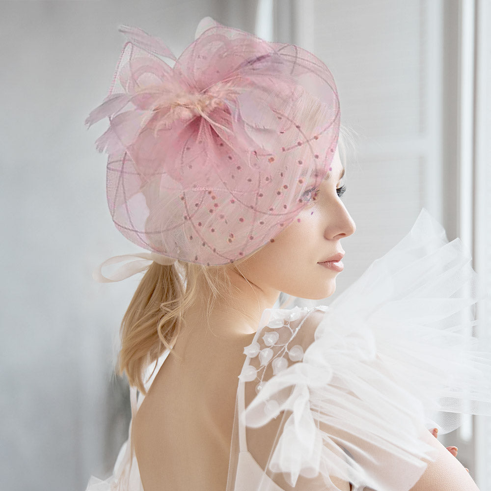 Pink Dot Bow Feather Mesh Flower Fascinator / Headband