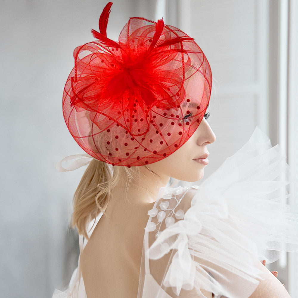 Red Dot Feather Mesh Flower Fascinator / Headband