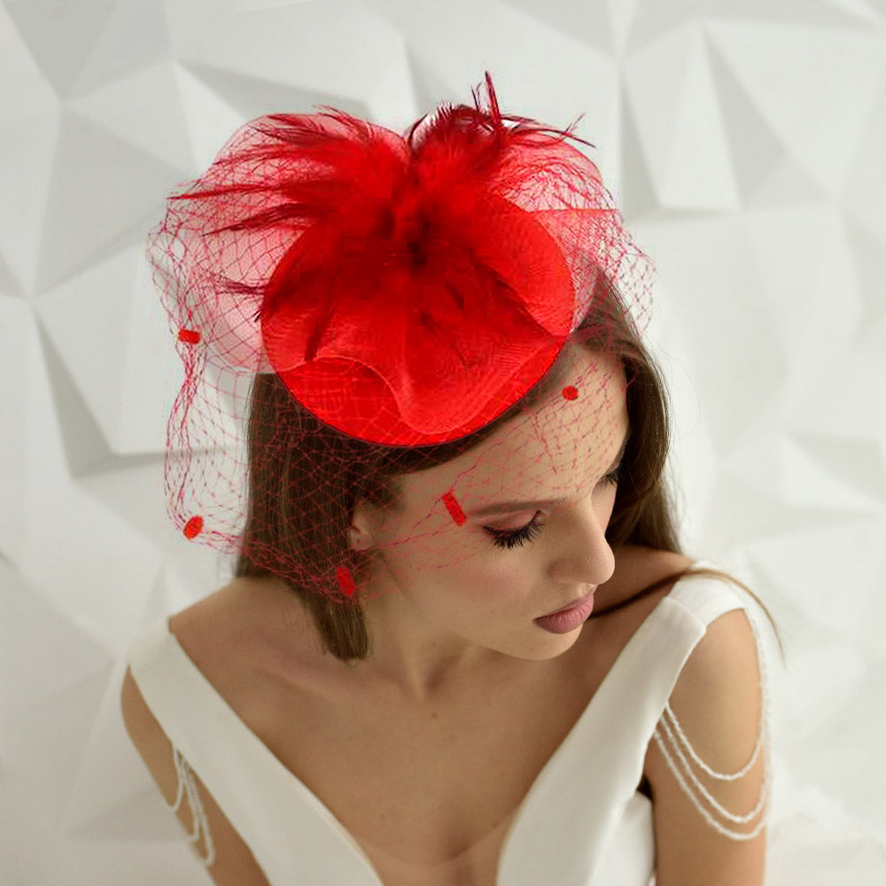 Feather  Red Mesh Fascinator / Headband