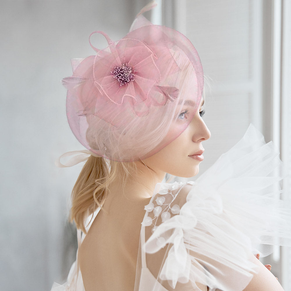 Pink Bow Flower Feather Mesh Flower Fascinator / Headband