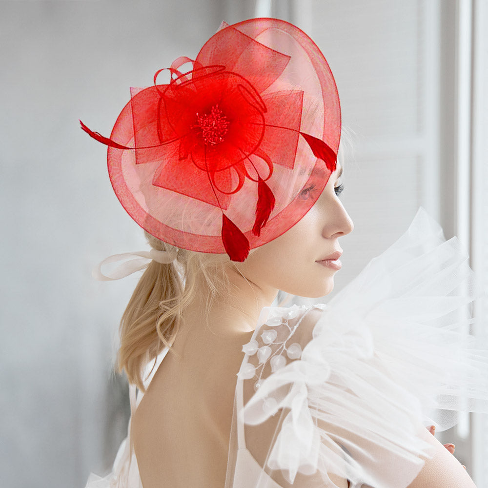 Red Bow Flower Feather Mesh Flower Fascinator / Headband