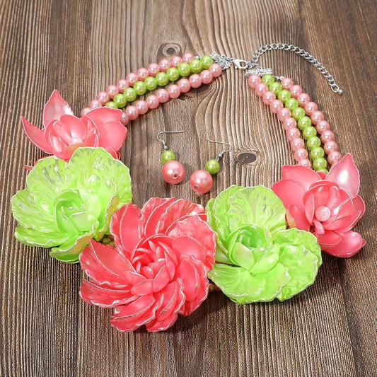 Pink & Green Bold Pearly Petal Floral Link Triple Pearl Strand Statement Necklace Set