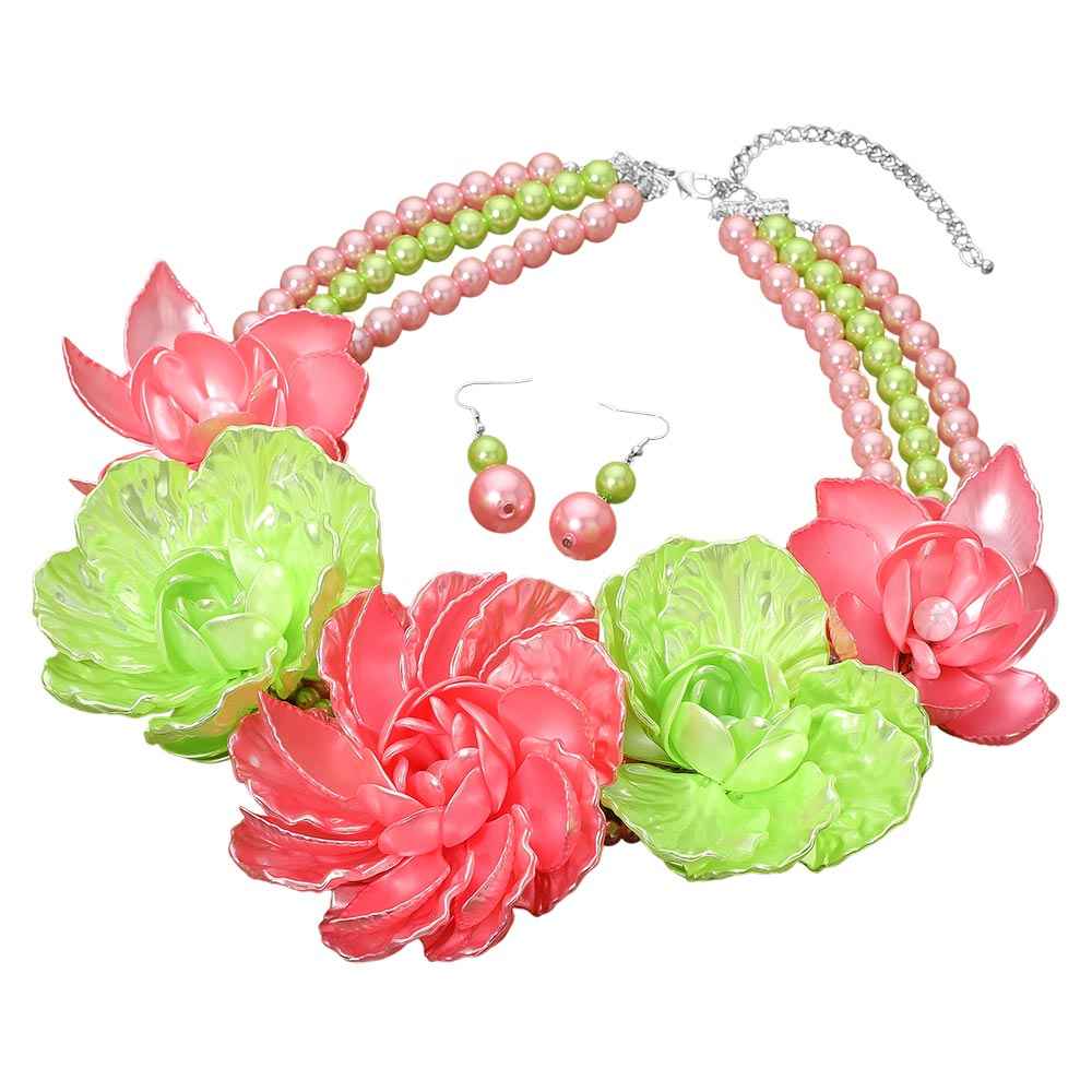 Pink & Green Bold Pearly Petal Floral Link Triple Pearl Strand Statement Necklace Set