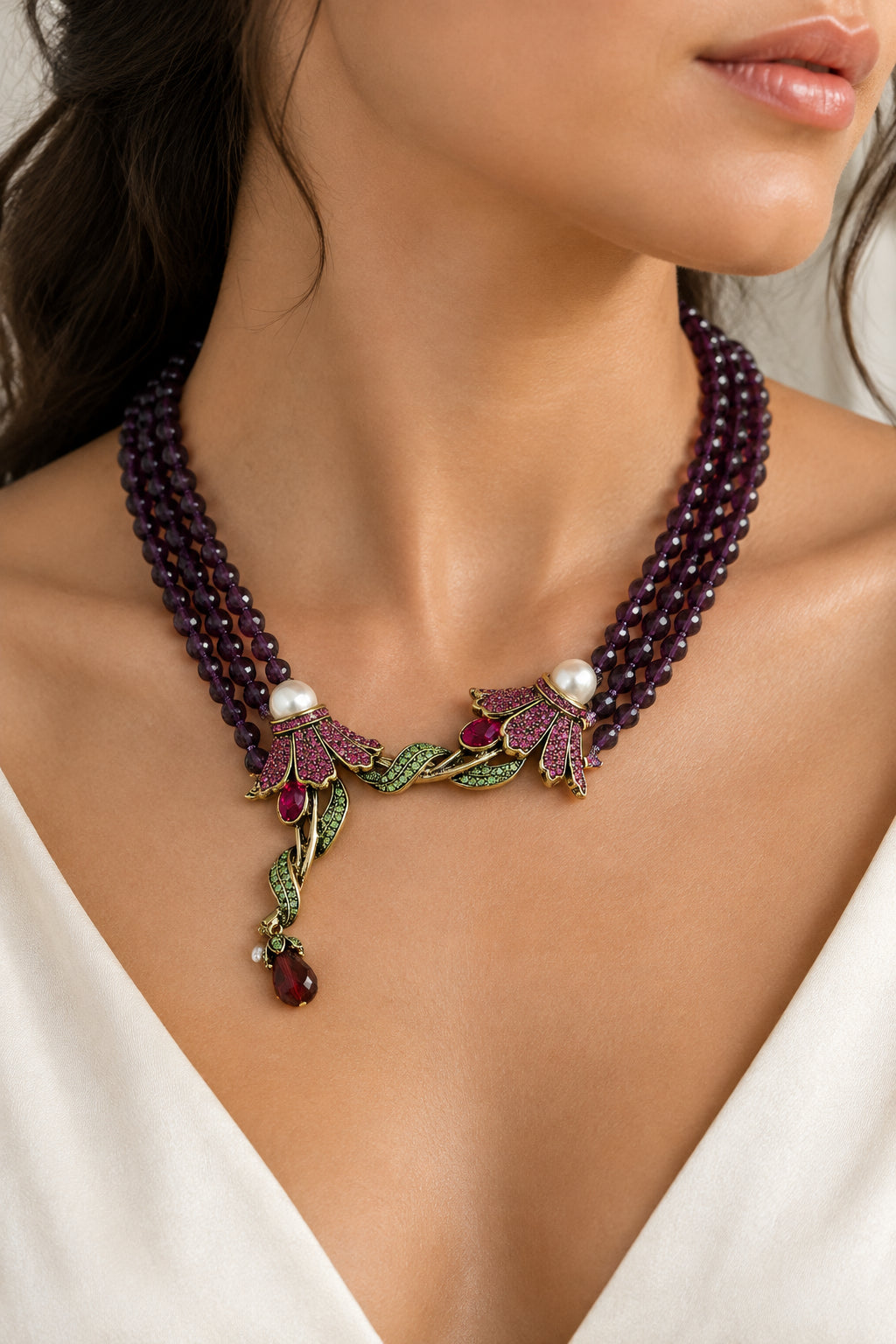 Pearl Rhinestone Embellished Floral Link Multi Strand Statement Necklace M H W ACCESSORIES LLC Pearl Rhinestone Embellished Floral Link Multi Strand Statement Necklace