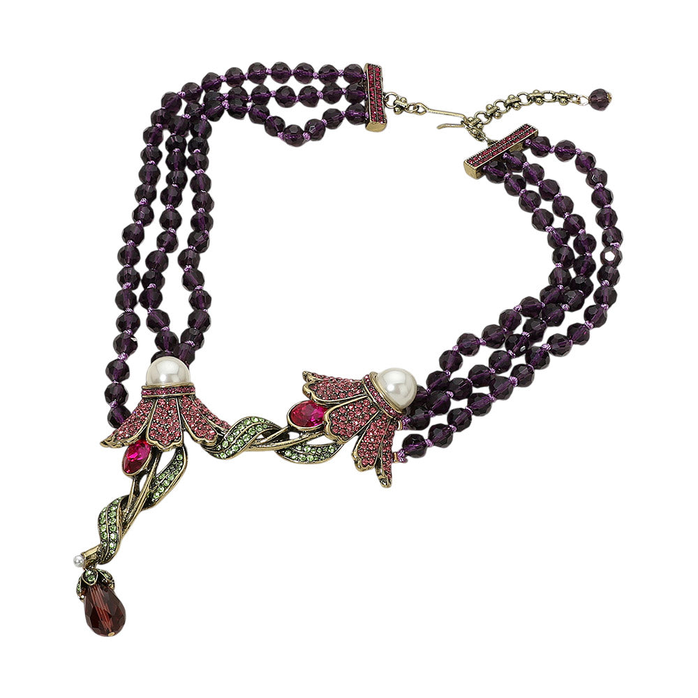 Pearl Rhinestone Embellished Floral Link Multi Strand Statement Necklace M H W ACCESSORIES LLC Pearl Rhinestone Embellished Floral Link Multi Strand Statement Necklace