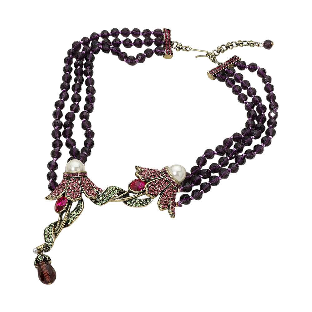 Pearl Rhinestone Embellished Floral Link Multi Strand Statement Necklace M H W ACCESSORIES LLC Pearl Rhinestone Embellished Floral Link Multi Strand Statement Necklace
